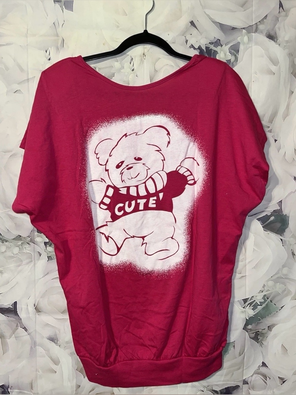 Vintage 80s  Pink Teddy Bear Cute Graphic Blouse Womens Made In USA Size XL